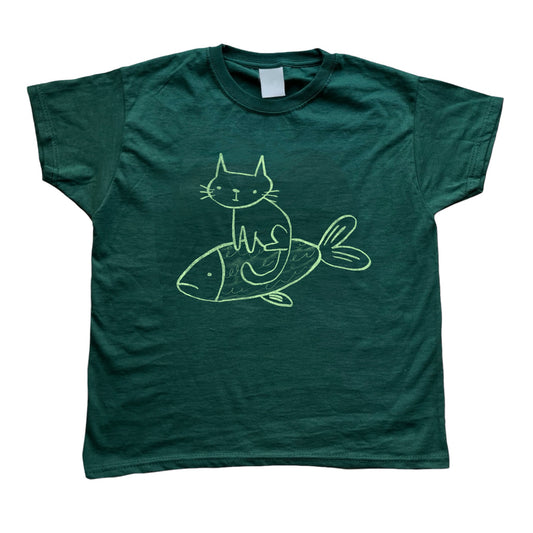 Cat on a fish forest green baby tee