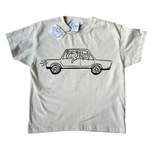 Black on beige critter road trip tee