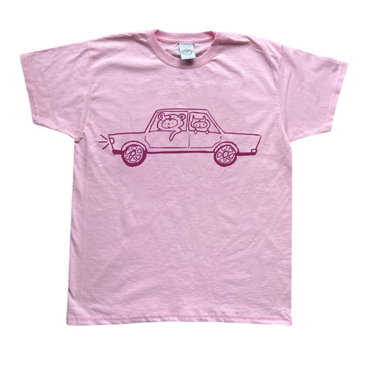 Burgundy on pink critter road trip tee