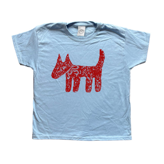 Scruffy bow dog red on baby blue tee