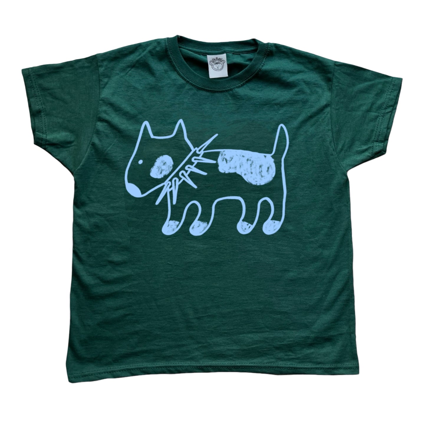 Spiky collar dog on forest green tee