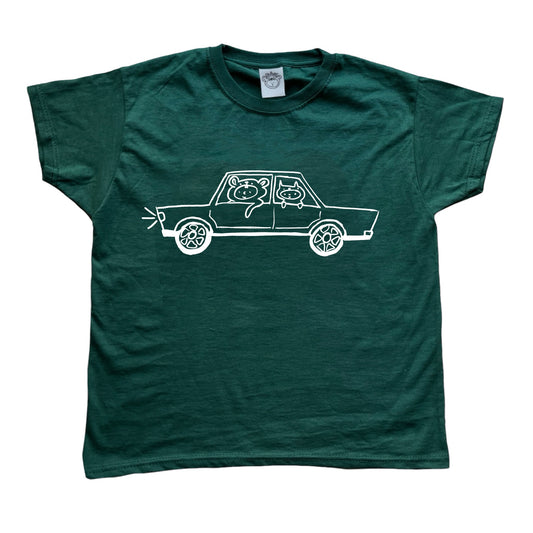 White on forest green critter road trip tee