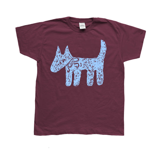 Scruffy bow dog light blue on burgundy tee