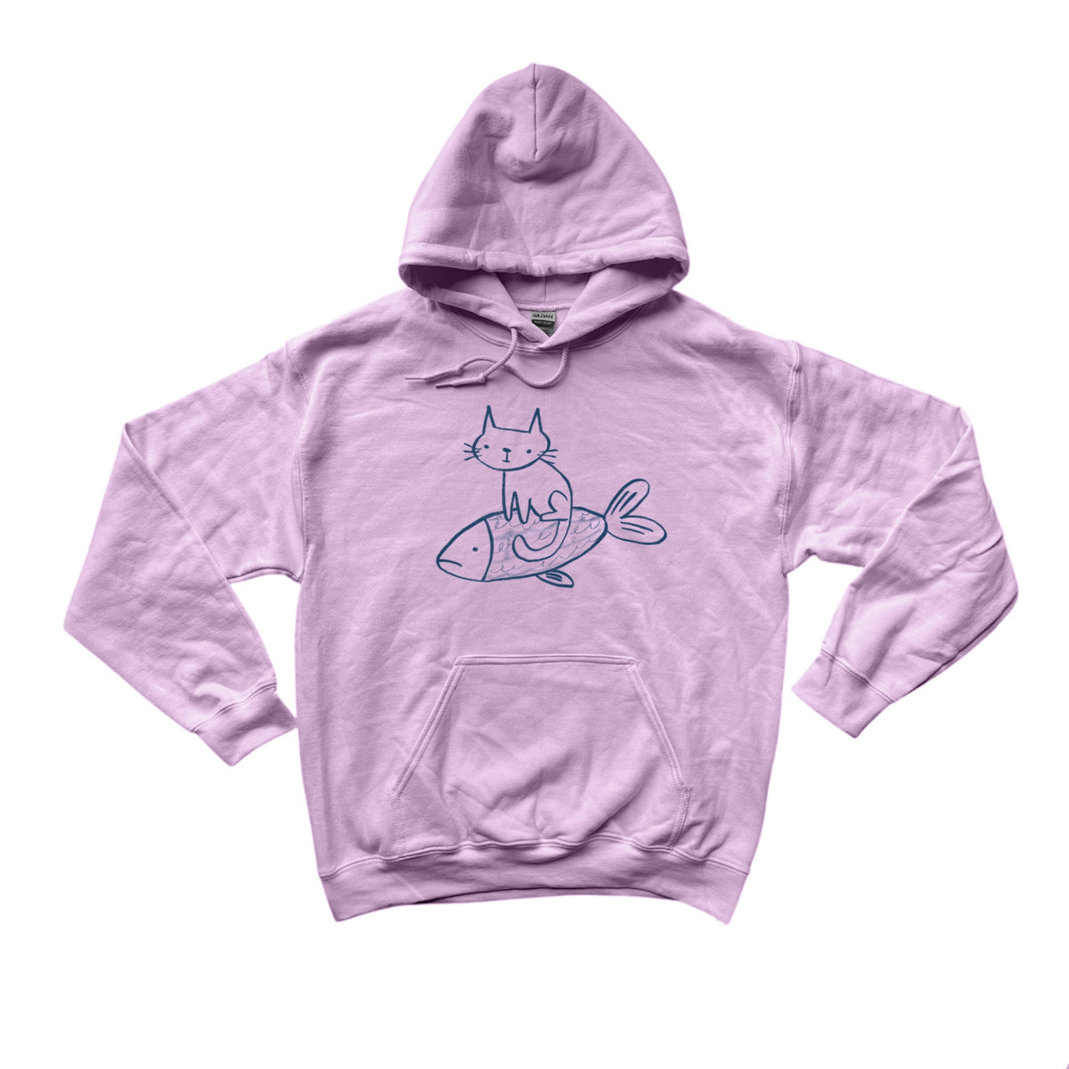 Cat on a fish pink hoodie