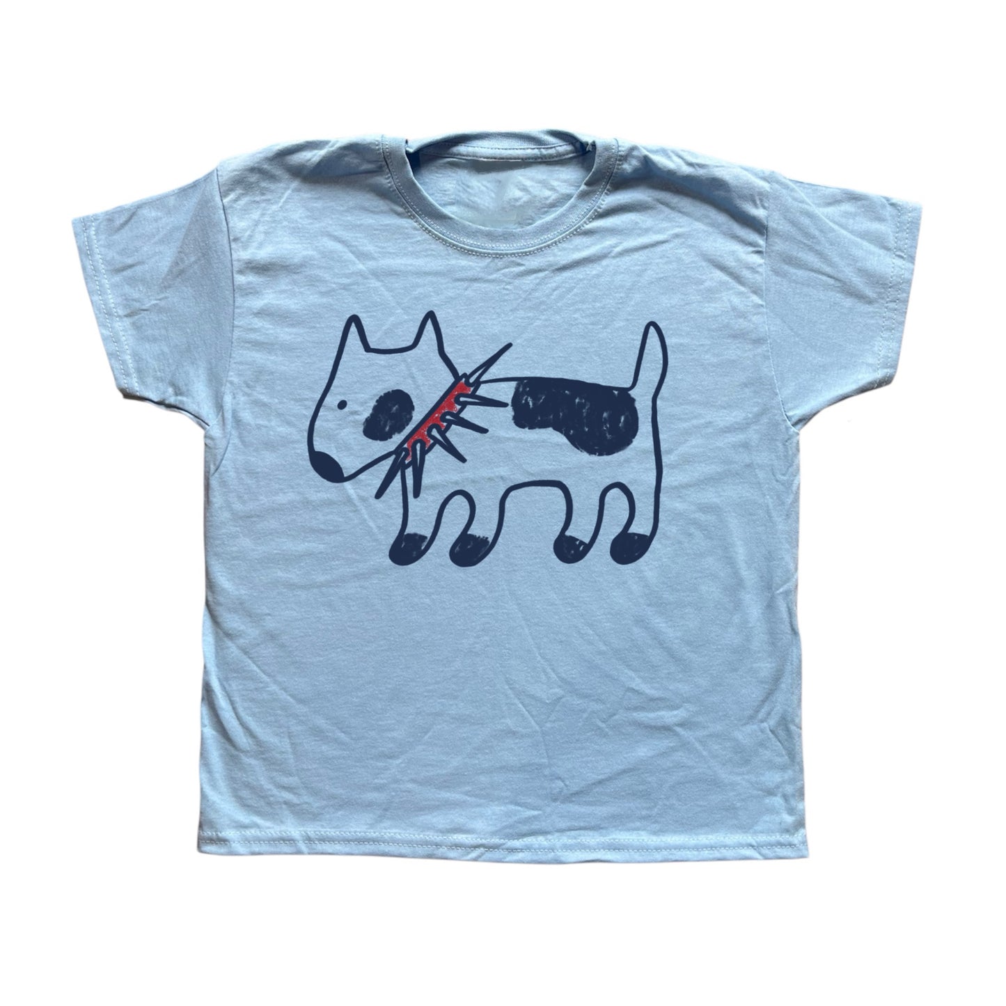 Spiky collar navy dog on baby blue tee