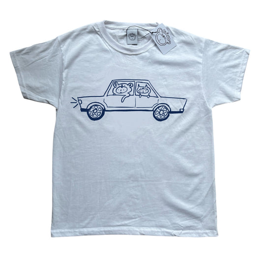 Navy on white critter road trip tee
