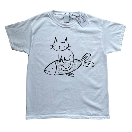 Cat on a fish white baby tee