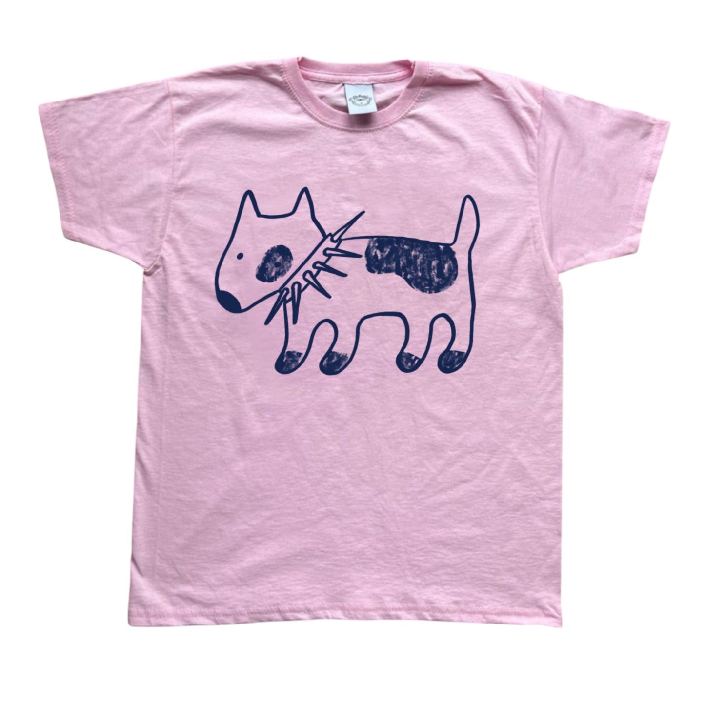 Spiky collar navy dog on pink tee