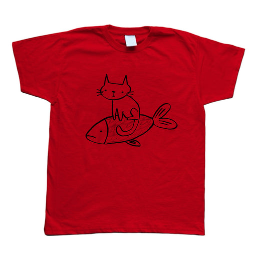 Cat on a fish red baby tee