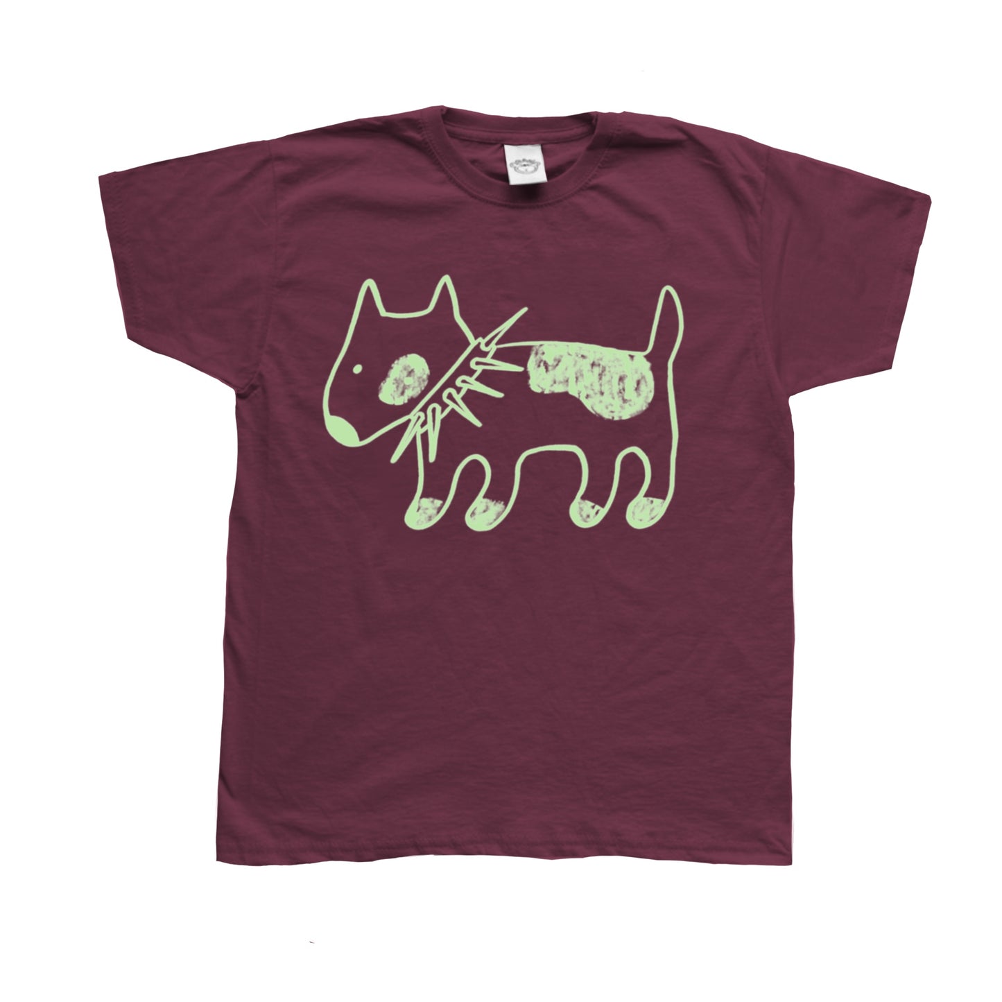 Spiky collar dog on burgundy tee