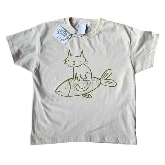 Cat on a fish beige baby tee