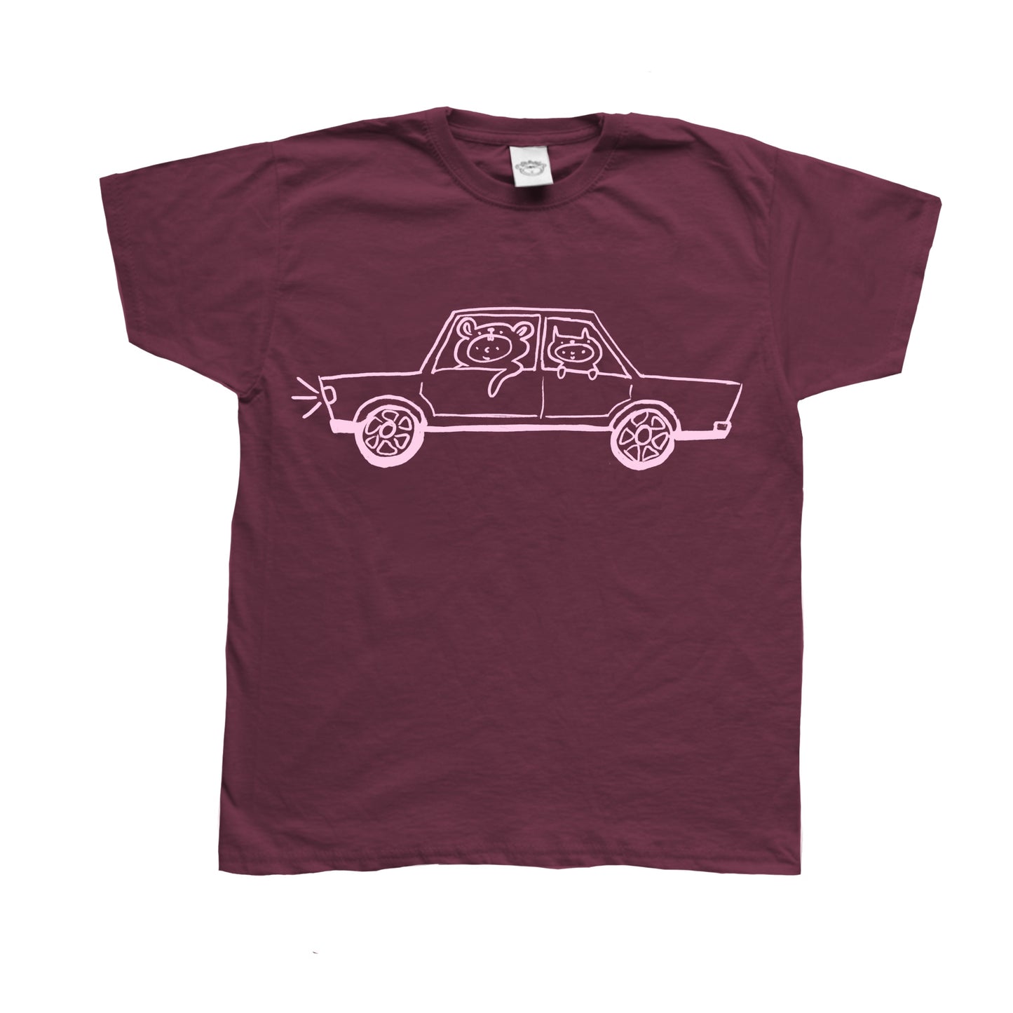Pink on burgundy critter road trip tee
