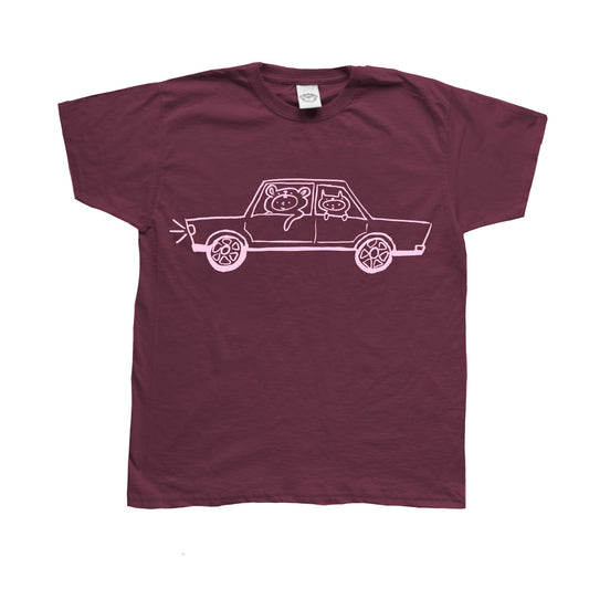 Pink on burgundy critter road trip tee