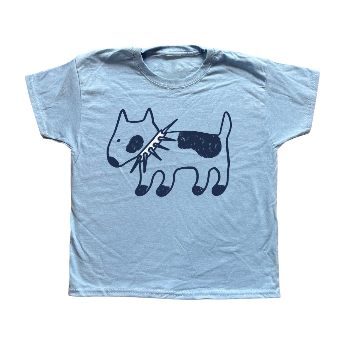 Spiky collar navy dog on baby blue tee