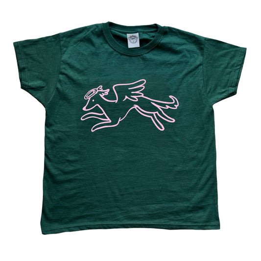 Heavenly Hound pink on forest green Tee