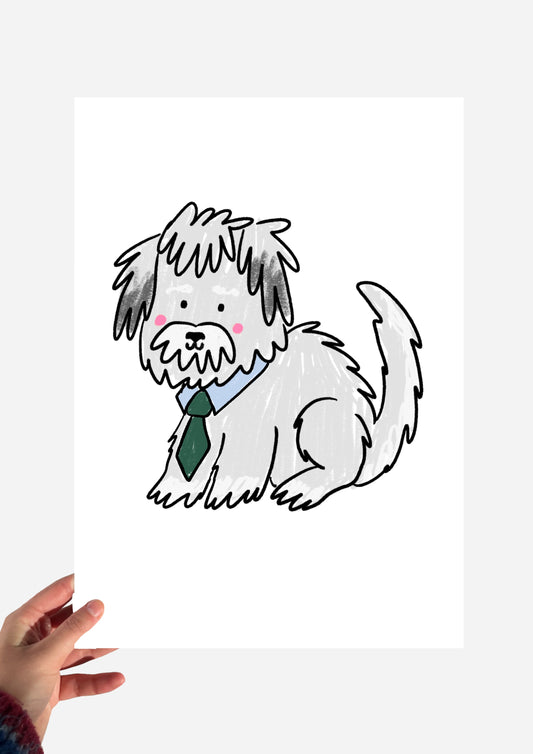 Fluffy dog with tie print