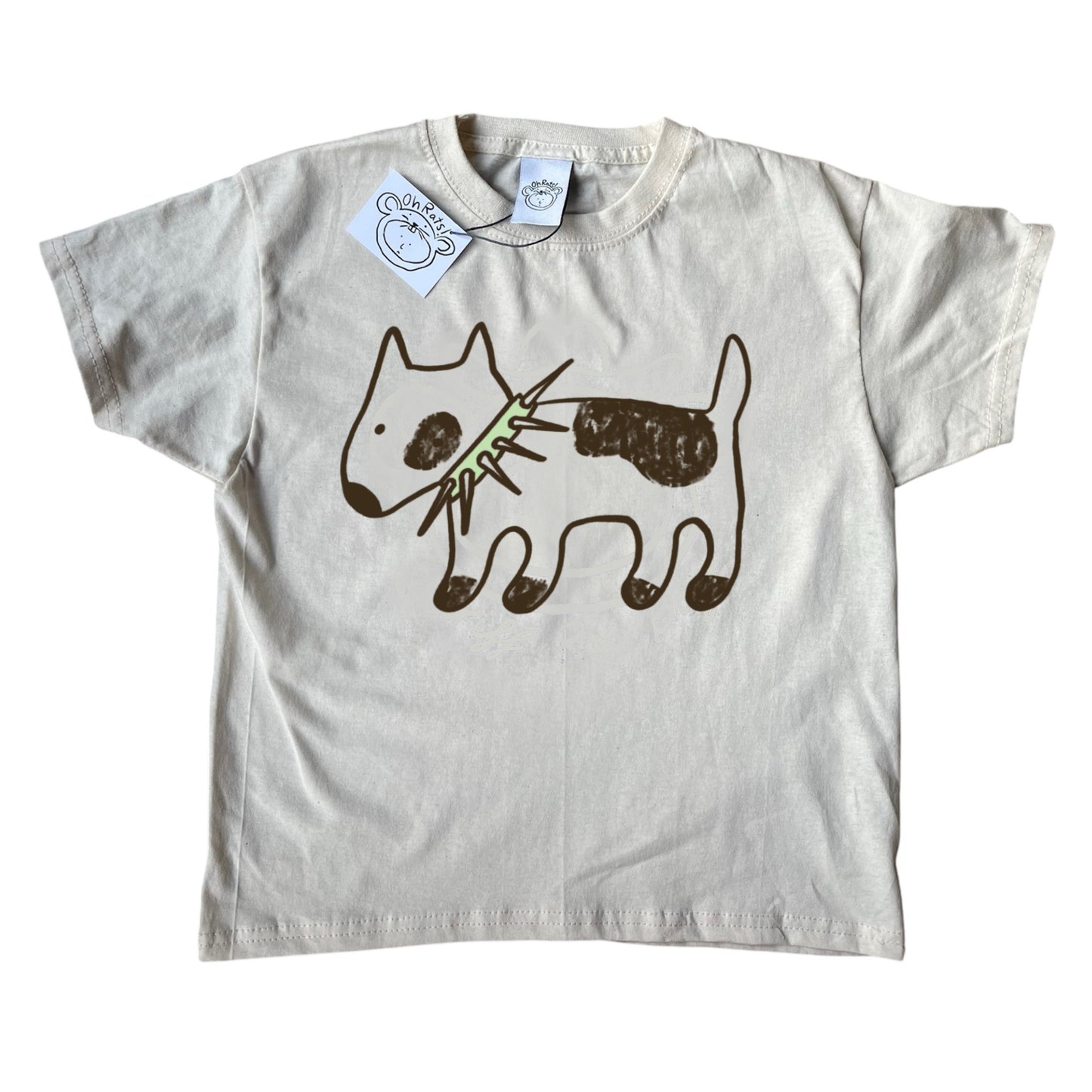 Spiky collar brown dog on beige tee