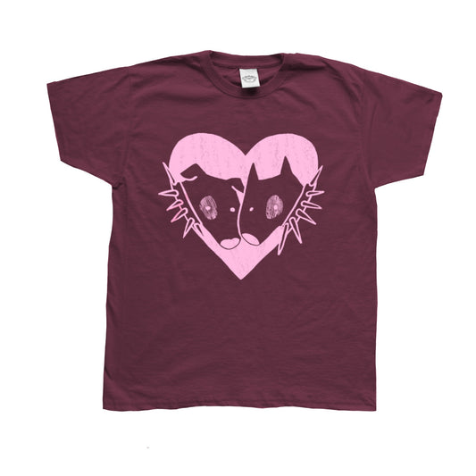 2 Spiky collar dogs in love burgundy tee
