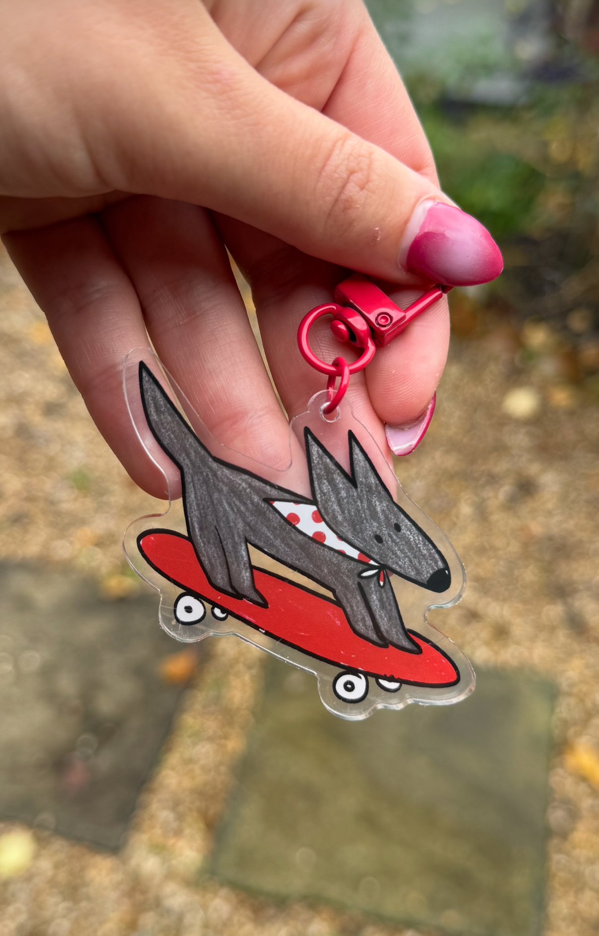 Black and red skater dog key ring / bag charm